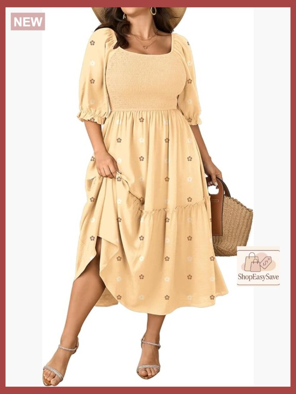 Plus Size Maxi Dress Puff Sleeve Square Neck Boho Tiered Smocked Flowy